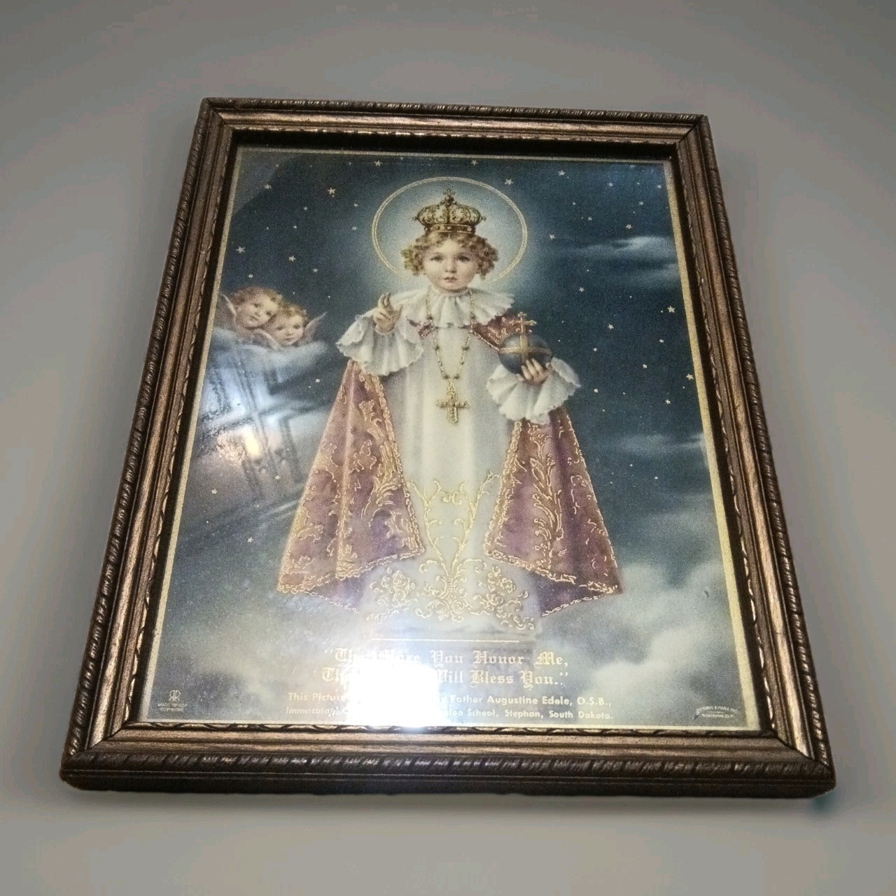 Vintage FB Anchor Catholic Child of Prague Gold Paint over Print Wood Frame Vintage FB Anchor Catholic Child of Prague Gold Paint over Print Wood Frame
