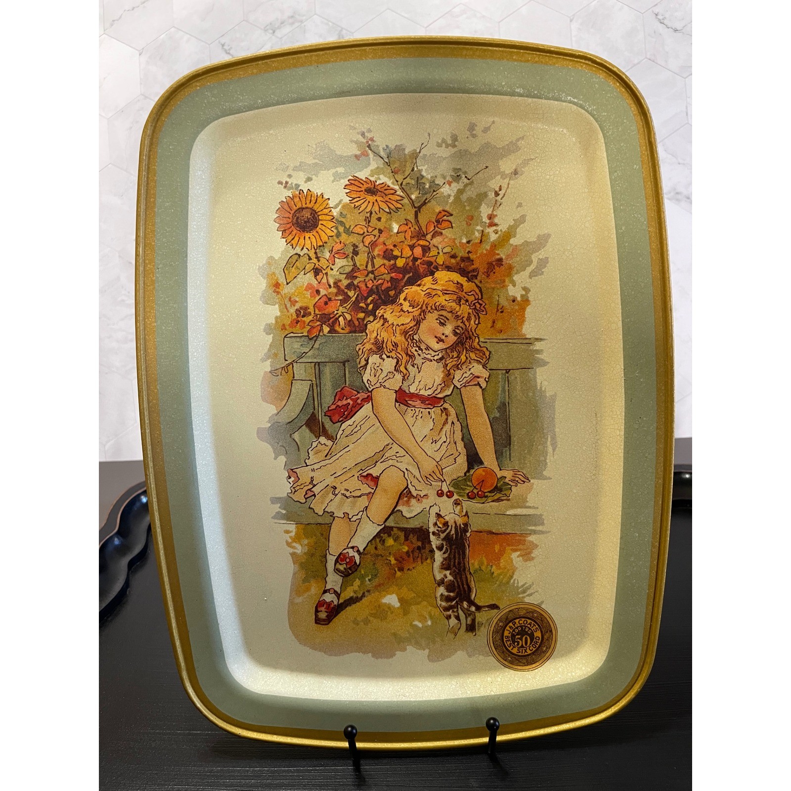 Vintage Coats & Clark Metal Tray J&P Coats Trade Card Girl Kitten Sunflowers Vintage Coats & Clark Metal Tray J&P Coats Trade Card Girl Kitten Sunflowers