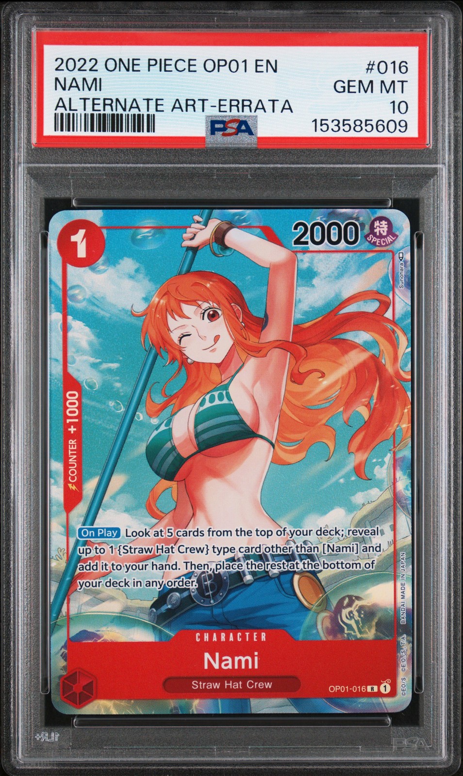 2022 ONE PIECE OP01-ROMANCE DAWN ALTERNATE ART-ERRATA #016 NAMI PSA 10