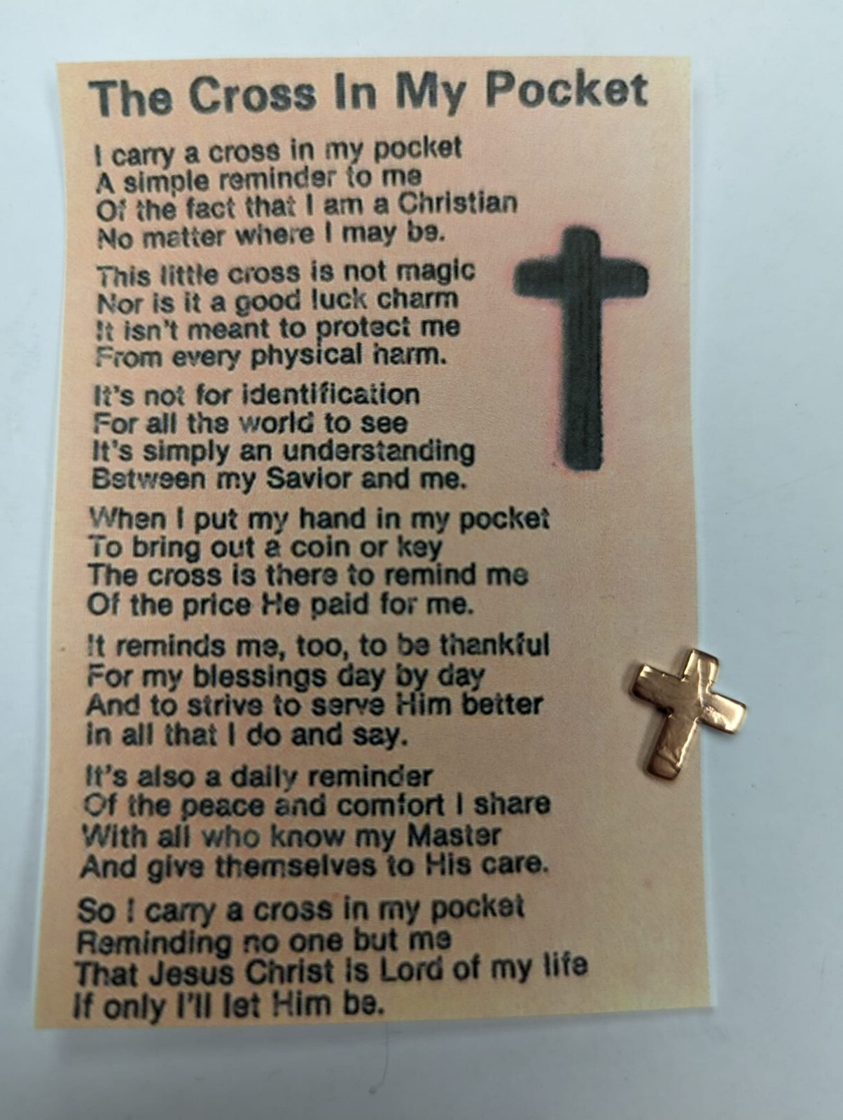 The Cross In My Pocket poem card with a small copper Cross cut out from a penny