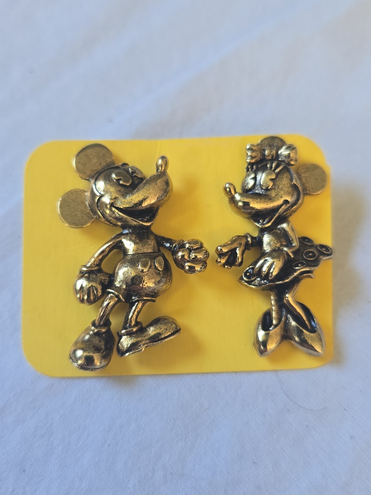 Vtg Authentic Disney Brushed Gold Tone Mickey & Minnie Mouse Brooch - NM