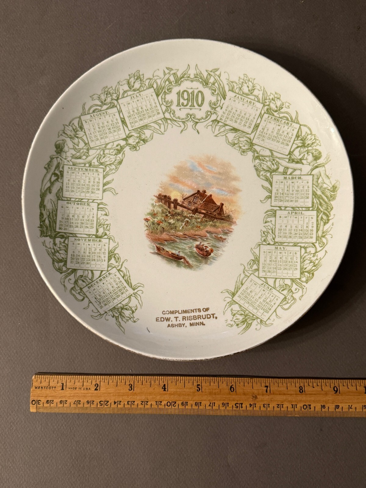 1910 EDW T. RISBRUDT ASHBURY, MN CALENDAR PLATE NATIONAL CHINA CO WEST GERMANY