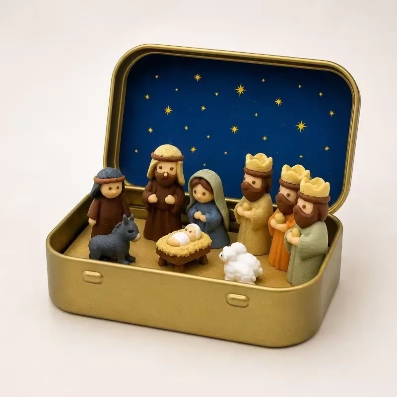 Christmas Nativity Set in a Tin Box Pocket Nativity Jesus Classic Scene Mini Tin