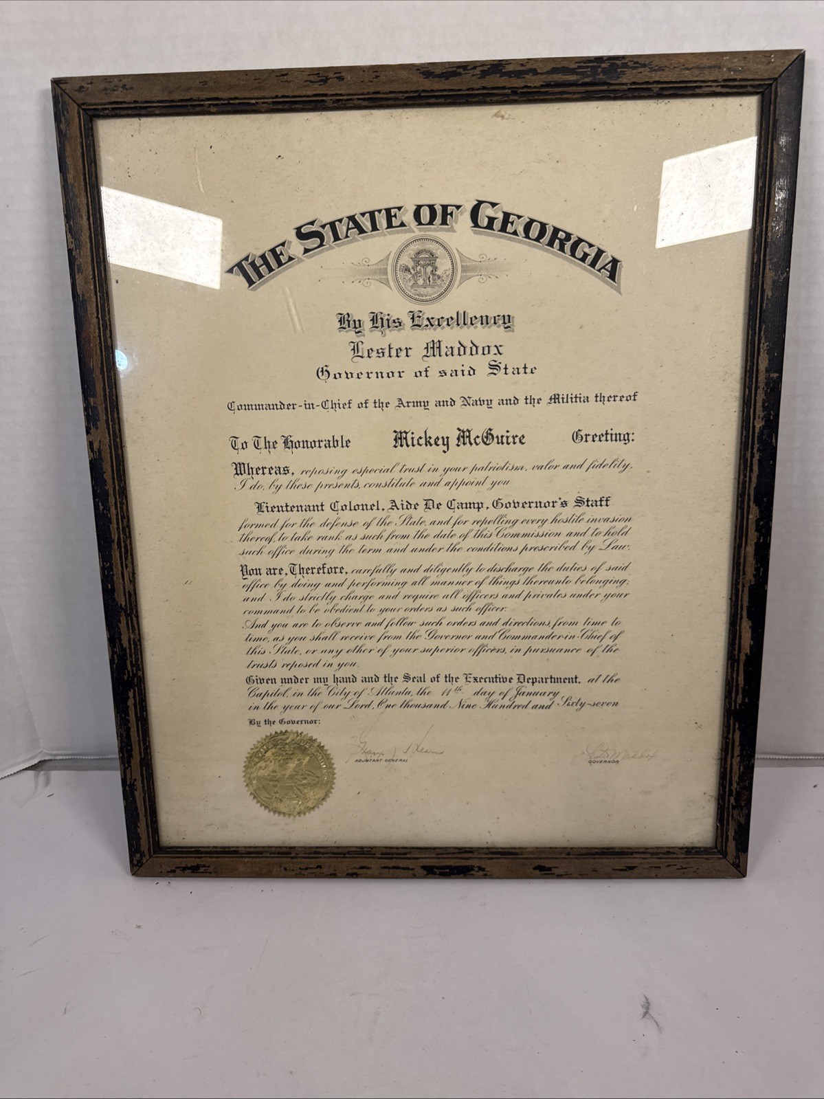 1962 State of Ga. Certificate Signed by Governor Lester Maddox Framed 15x18” 1962 State of Ga. Certificate Signed by Governor Lester Maddox Framed 15x18”