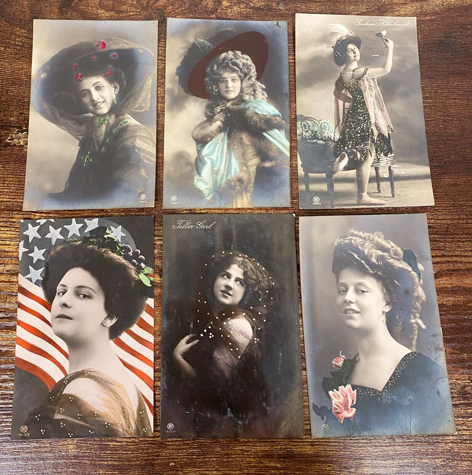 6 Antique Rotophot German Colorized Model Theater Postcards Tiller Girl RPPC 177