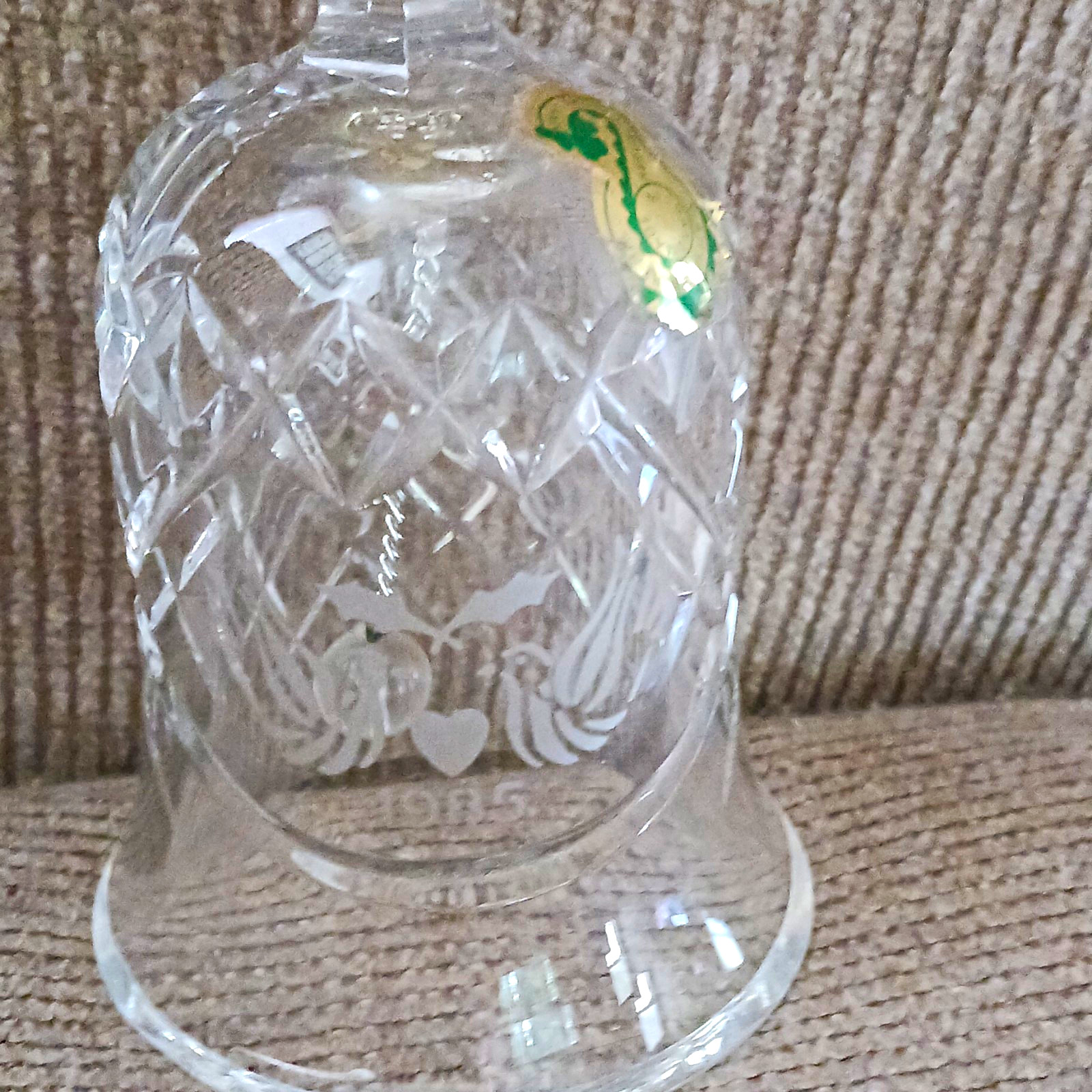 Clear Cut Crystal Glass Bell, Floral Etched Pattern, Green Foil Label Decor Clear Cut Crystal Glass Bell, Floral Etched Pattern, Green Foil Label Decor