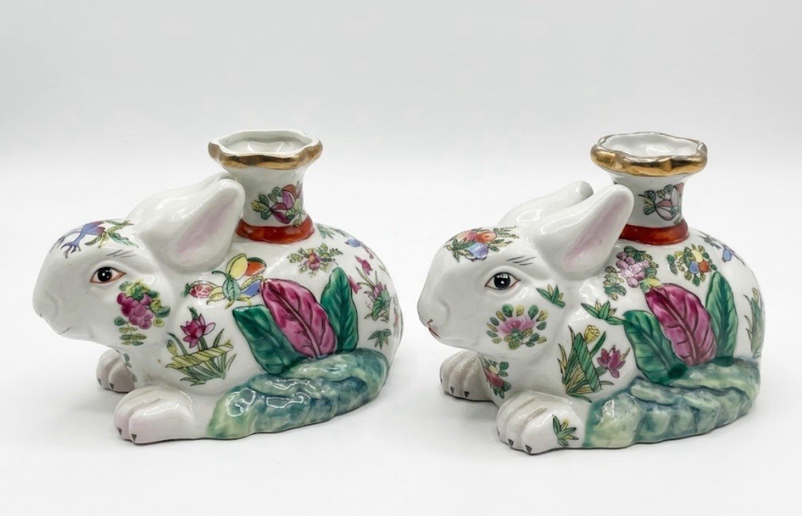Vintage Chinese Porcelain Rabbit Taper Candle Holders Pair Tobacco Leaf Floral 9