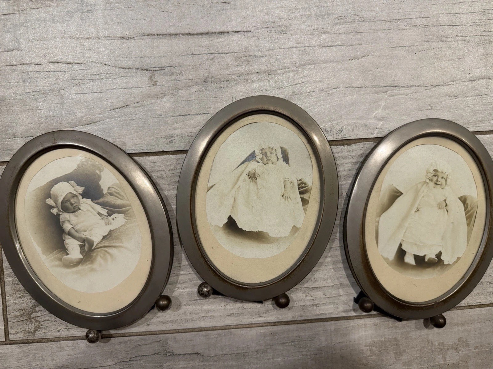 Antique C. 1900 Metal Oval Picture Frames w/ Original Baby Photos - Lot of 3