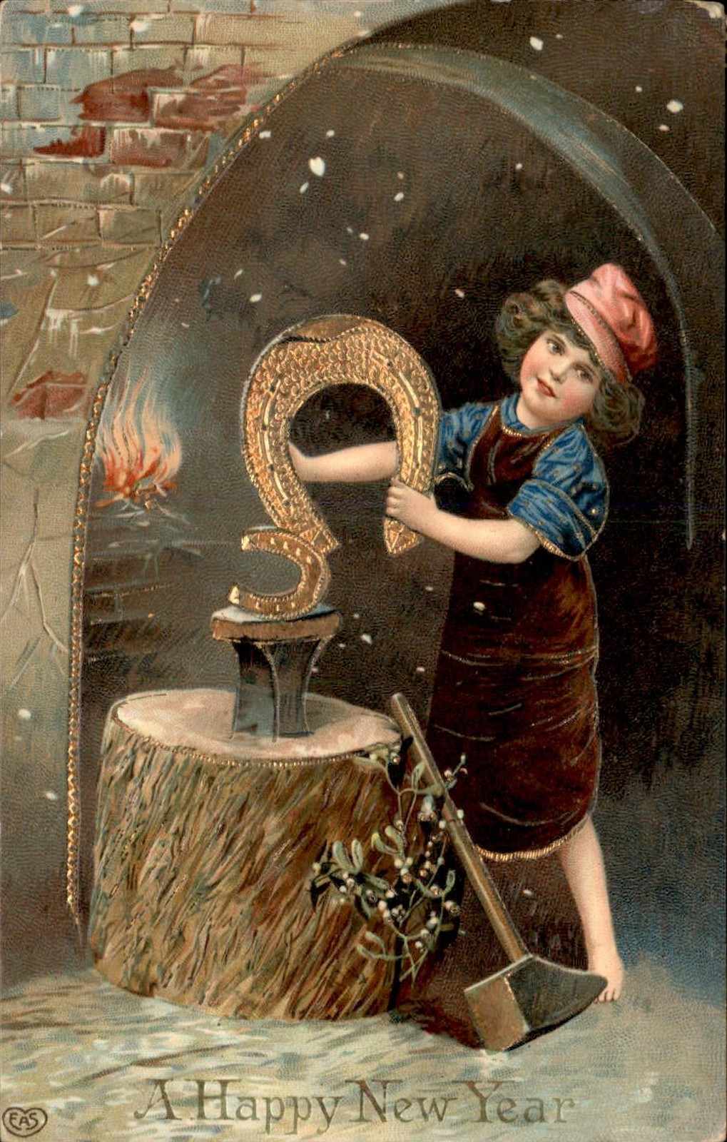 New Year's Girl with Horseshoe Embossed c1910s-20s Vintage Postcard New Year's Girl with Horseshoe Embossed c1910s-20s Vintage Postcard