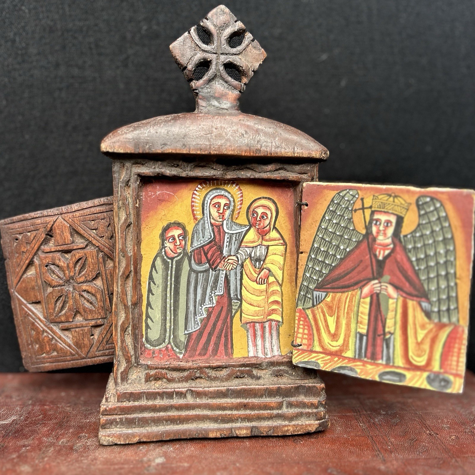 VINTAGE ETHIOPIAN ORTHODOX HAND PAINTED WOODEN FOLDING ICON ANGEL COPTIC ART VINTAGE ETHIOPIAN ORTHODOX HAND PAINTED WOODEN FOLDING ICON ANGEL COPTIC ART