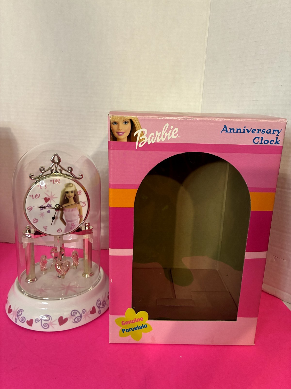 Barbie Pink Porcelain Collectible~Anniversary Glass Dome Clock~TESTED & WORKS