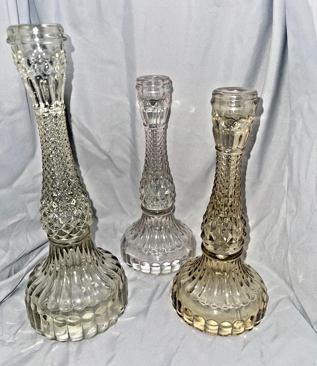Vintage Pressed Glass Candlestick Holders Set of 3 – Diamond Cut Pattern Fluted