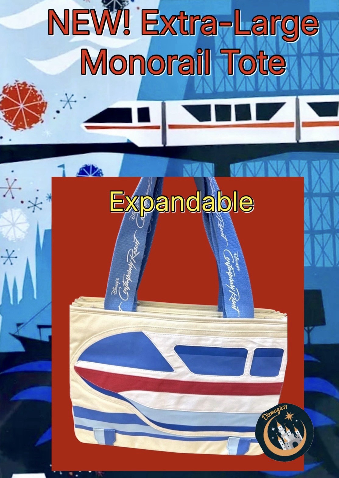 2026 Disney Parks Contemporary Resort Extra-Large Monorail Tote Bag -Expandable