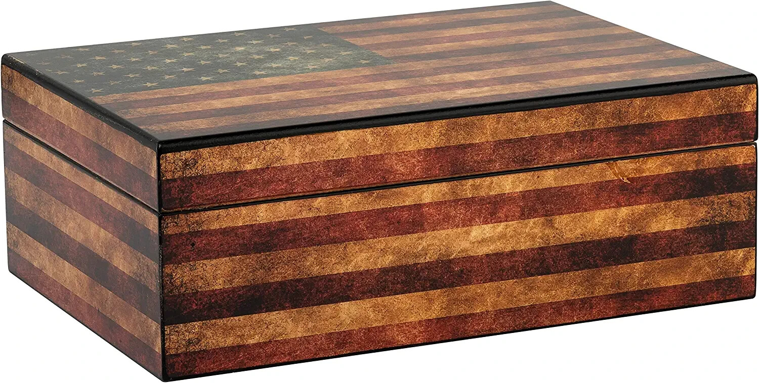 Old Glory American Flag Medium Cigar Humidor Wood Box - 25 To 50 Cigar Storage Old Glory American Flag Medium Cigar Humidor Wood Box - 25 To 50 Cigar Storage