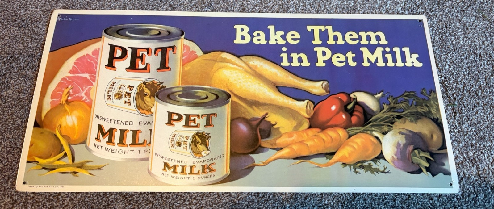 Vintage 1927 Bake Them In Pet Milk Advertising Metal Sign 19.5