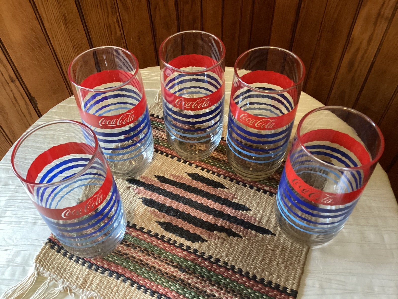 Vintage ANCHOR HOCKING Coca Cola Blue & Red Stripe Drinking Glasses Set of 5