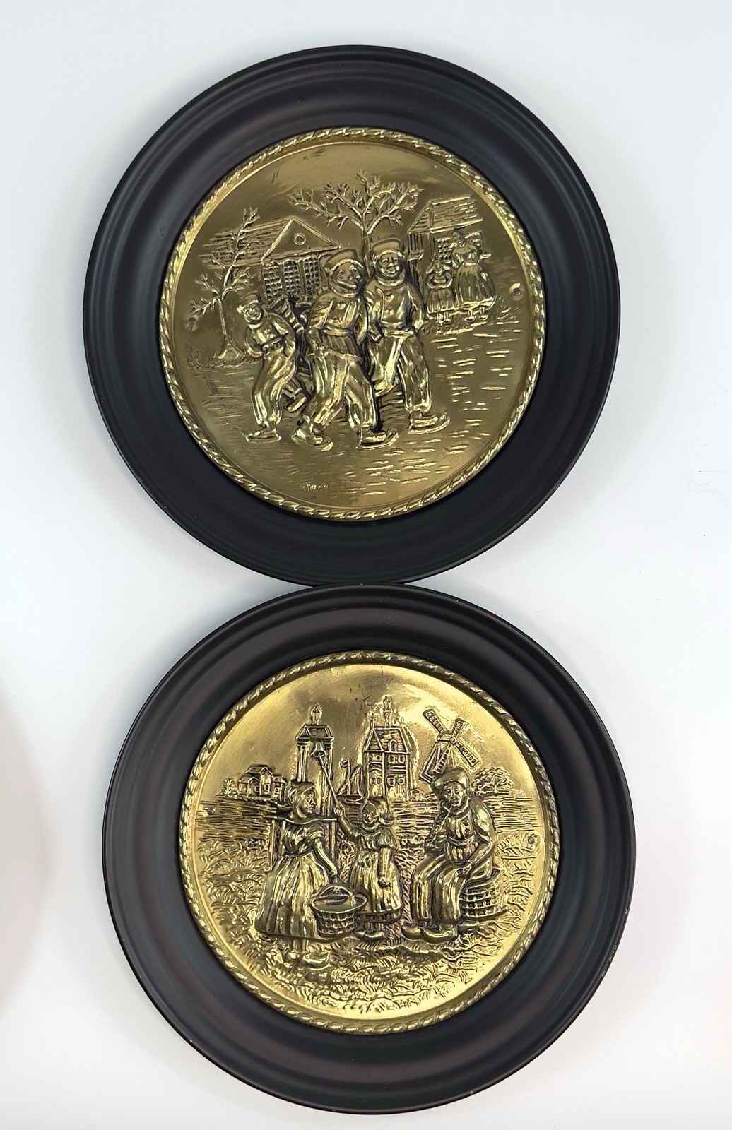 Vintage Dutch Style Wall Plaques Set of 2 Tin Brass Tone Windmill Vintage Dutch Style Wall Plaques Set of 2 Tin Brass Tone Windmill