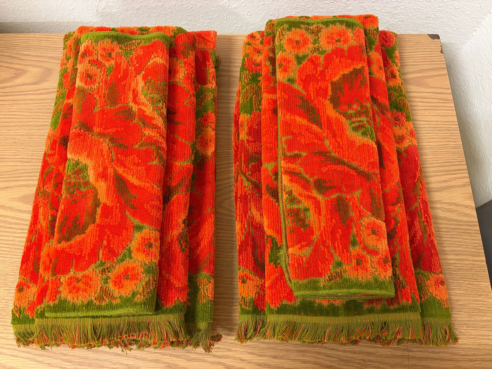 VTG Fieldcrest Orange Green Poppies 2 TOWEL SETS  Bath, Hand & Washcloth 6pcs