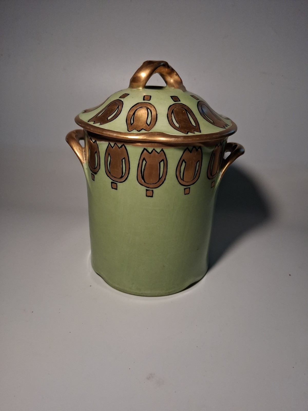 Antique Limoges Condensed Milk Can Holder Jar Art Deco Green Gold Hand Painted 