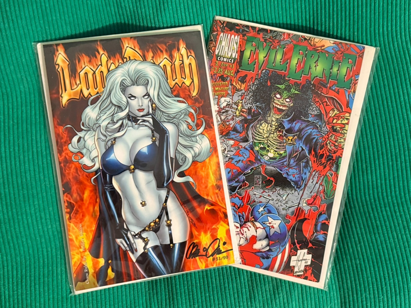 LADY DEATH Chaos Rules 1 SIGNED Brian Pulido COA 51/99 + EVIL ERNIE 1 Chaos 1995 LADY DEATH Chaos Rules 1 SIGNED Brian Pulido COA 51/99 + EVIL ERNIE 1 Chaos 1995