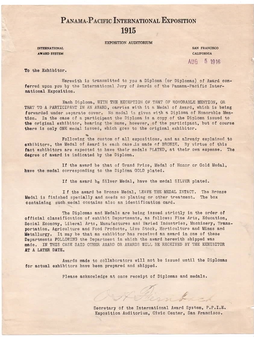 Original 1915 PPIE World's Fair Flier to Exhibitor's regarding Awards and Medals