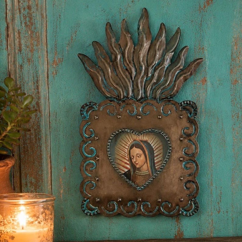 Mexican Tin Shadowbox Nicho, SACRED HEART Virgin GUADALUPE