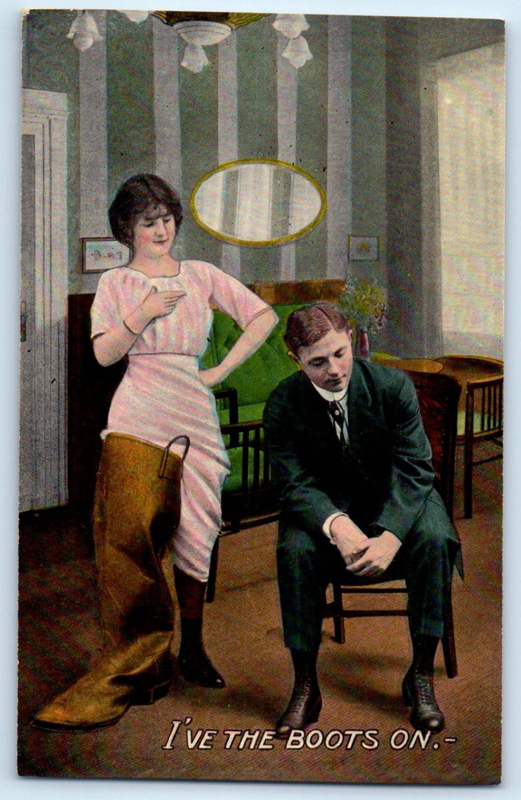 c1910's Woman I've The Boots On Unusual Antique Unposted Postcard c1910's Woman I've The Boots On Unusual Antique Unposted Postcard