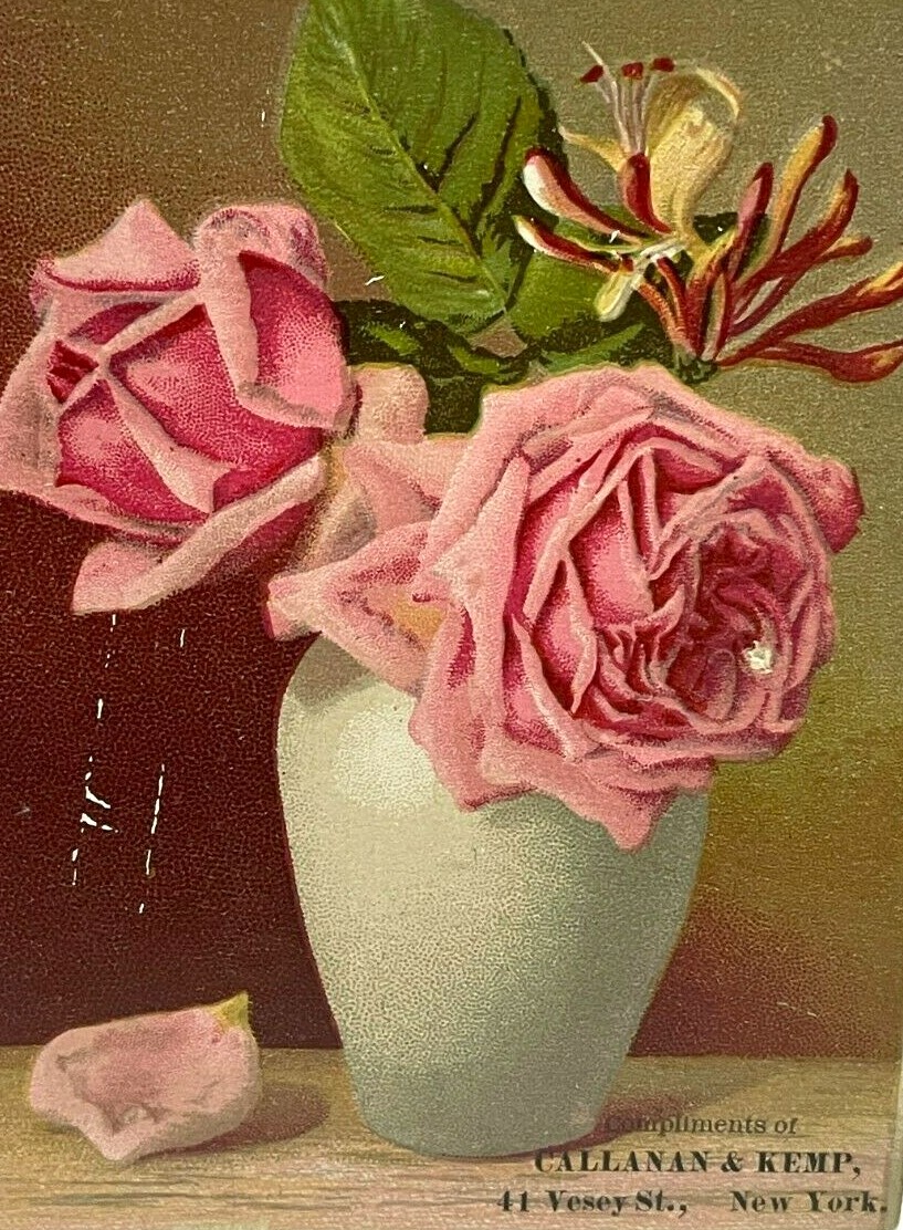 c.1880s Callanan Kemp Tea Coffee New York Pink Flowers Vase Victorian Trade