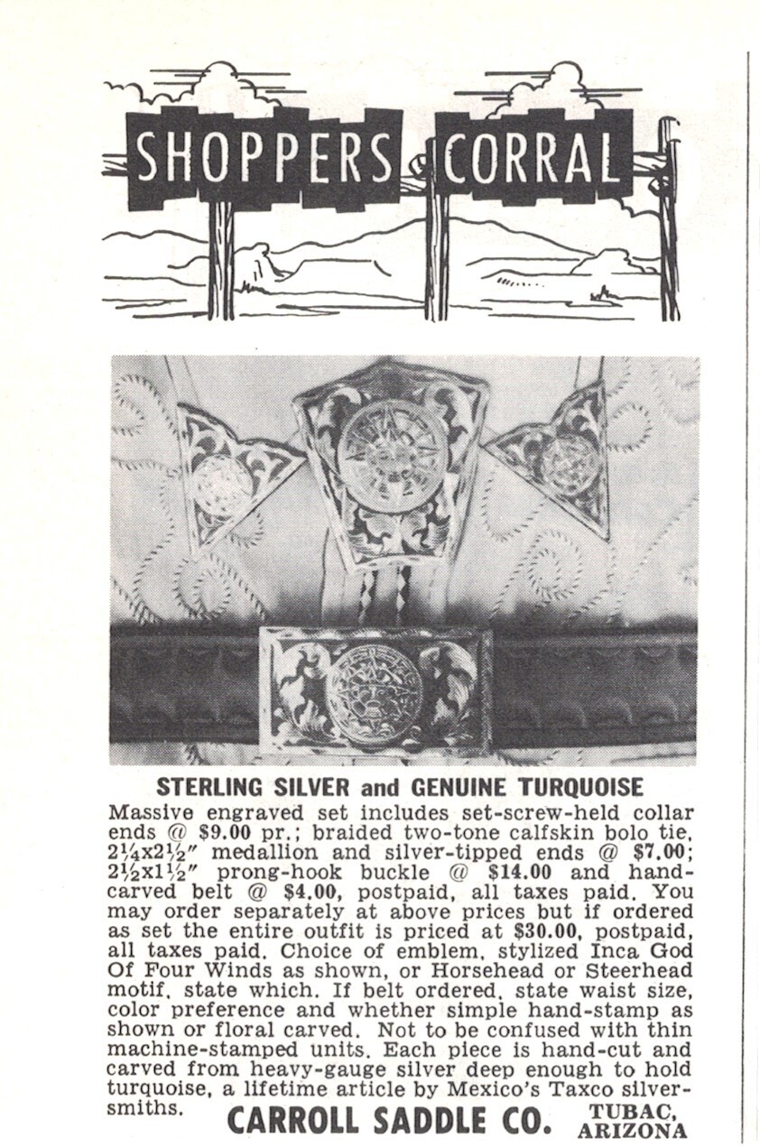 Carroll Saddle Co Tubac AZ Sterling Silver & Turquoise Buckles Vtg Mag Print Ad