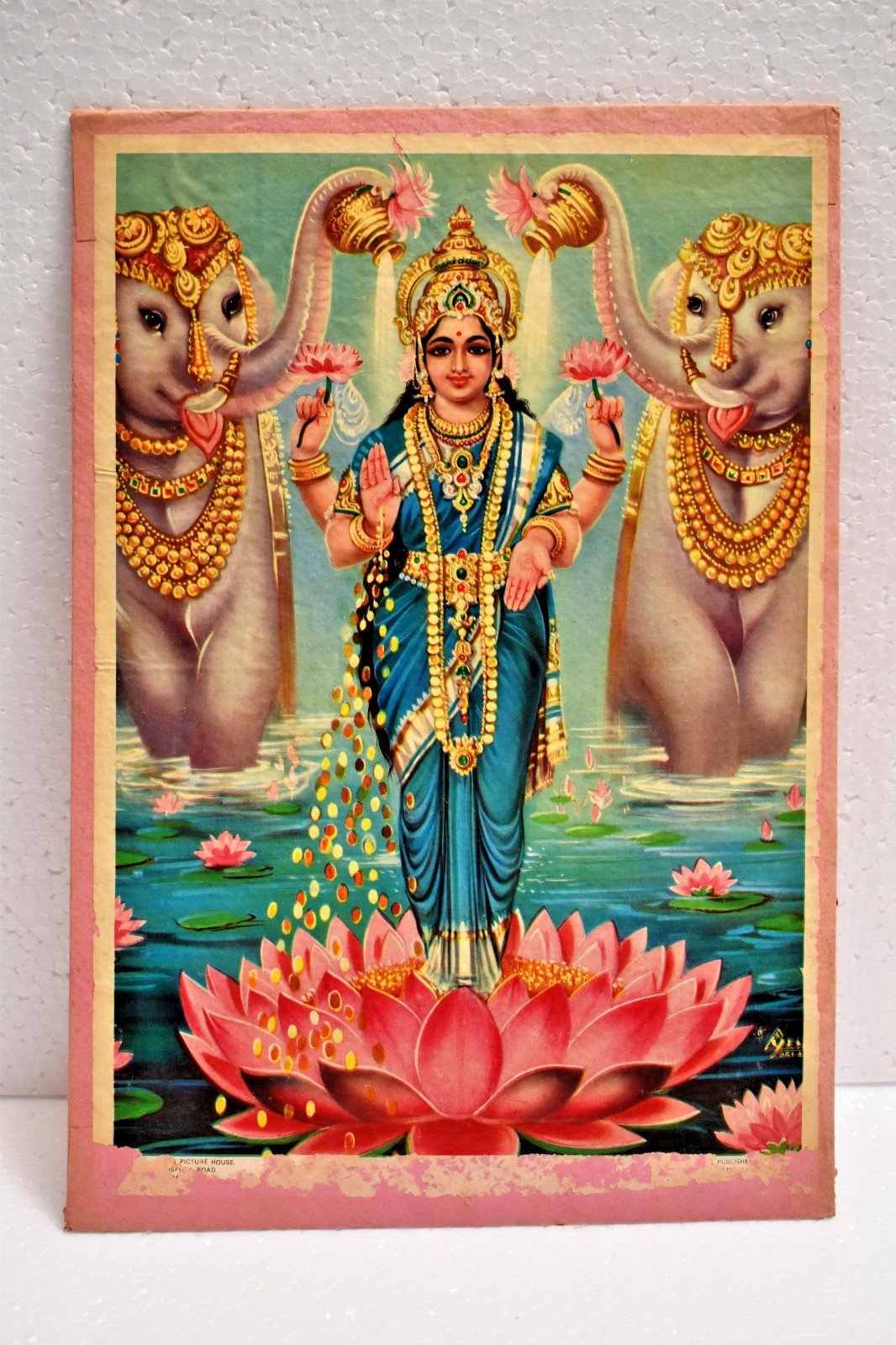 Vintage Gaja Lakshmi Hindu Goddess Lithograph Print Elephant Lotus Art 15x10 \