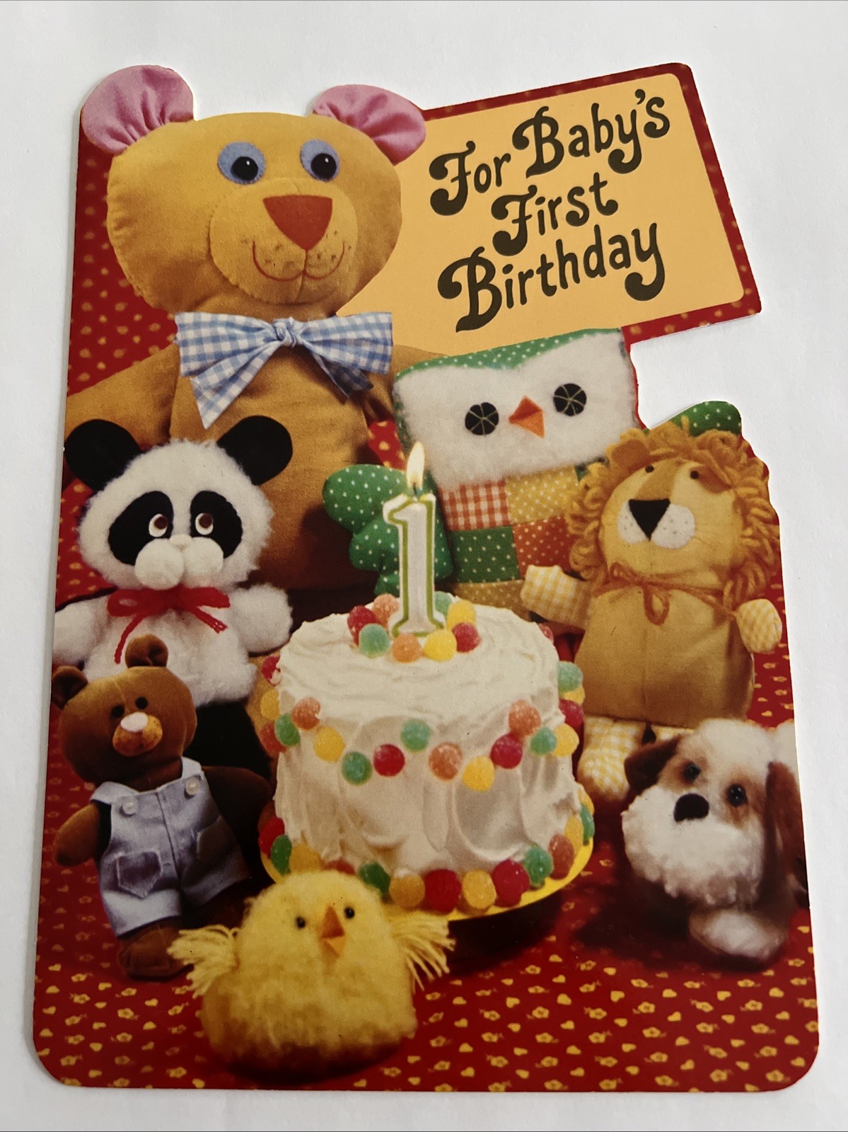 Vintage Baby\'s 1st Birthday Hallmark Ambassador Card Animal Plush Toys & Cake