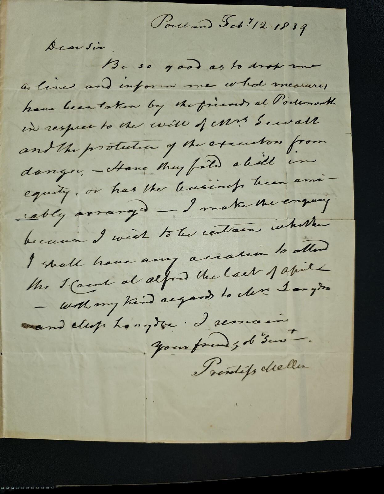 1839 Handwritten Maine Supreme Court Justice Prentiss Mellen to Paul Langdo