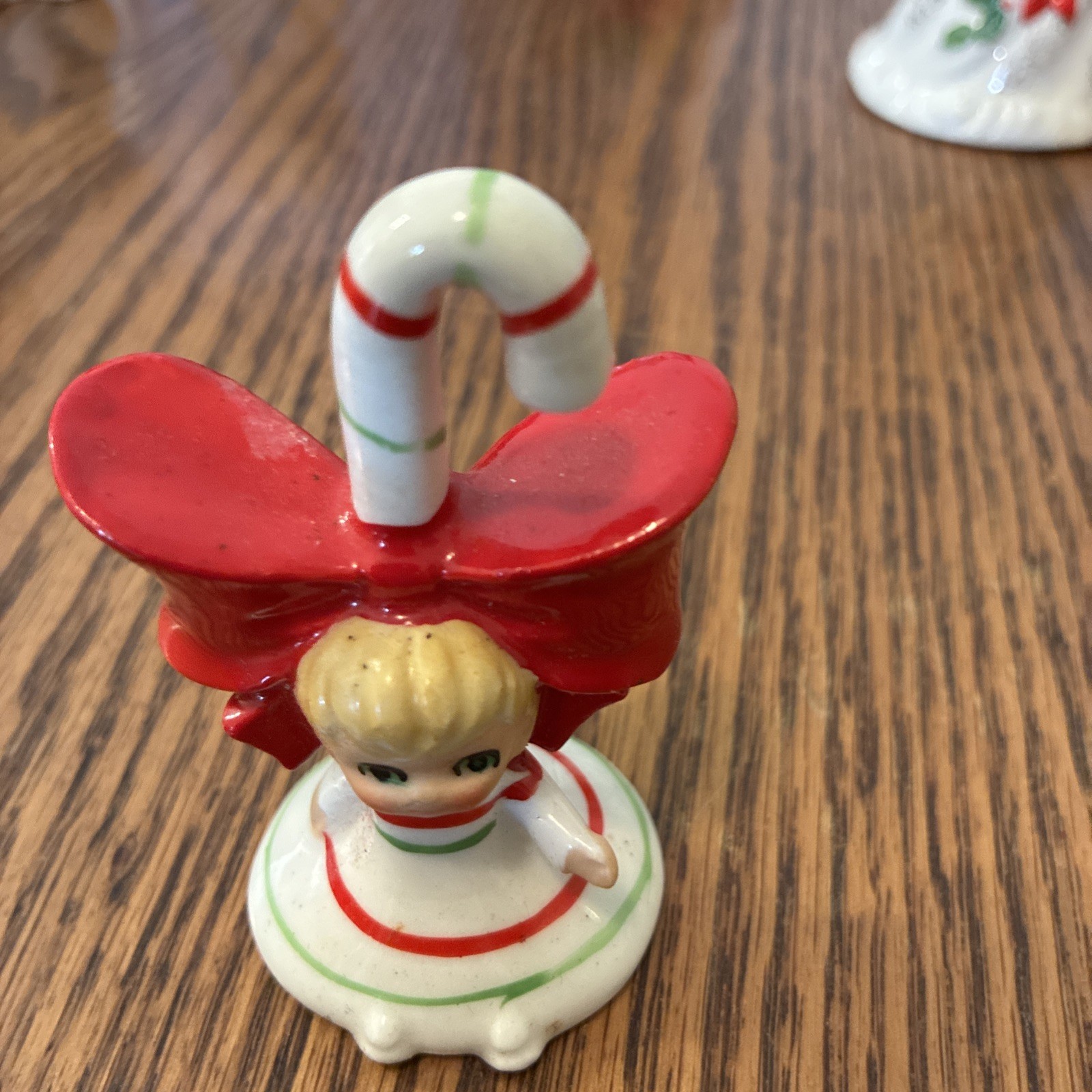Vintage Lefton Christmas Candy Cane Pixie Girl Figurine Bell Stripes & Red Bow