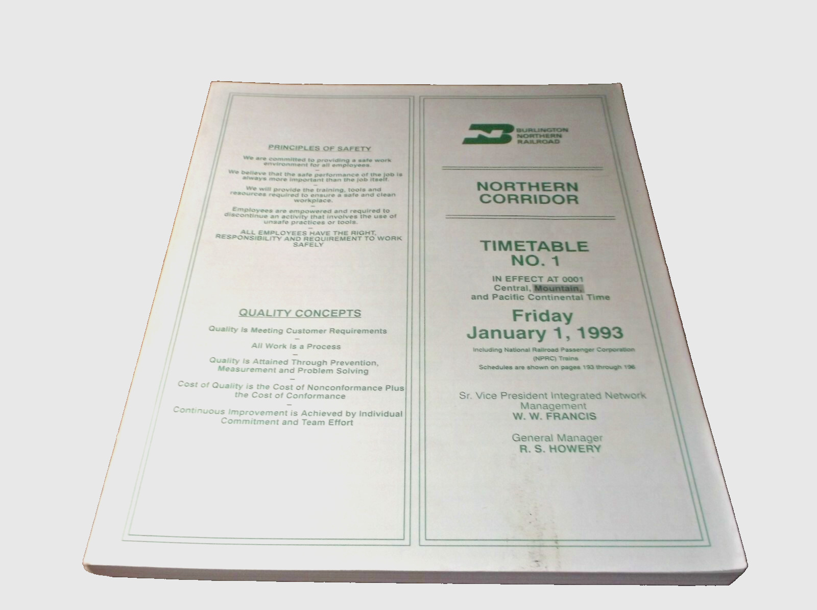 JANUARY 1993 BURLINGTON NORTHERN NORTHERN CORRIDOR EMPLOYEE TIMETABLE #1