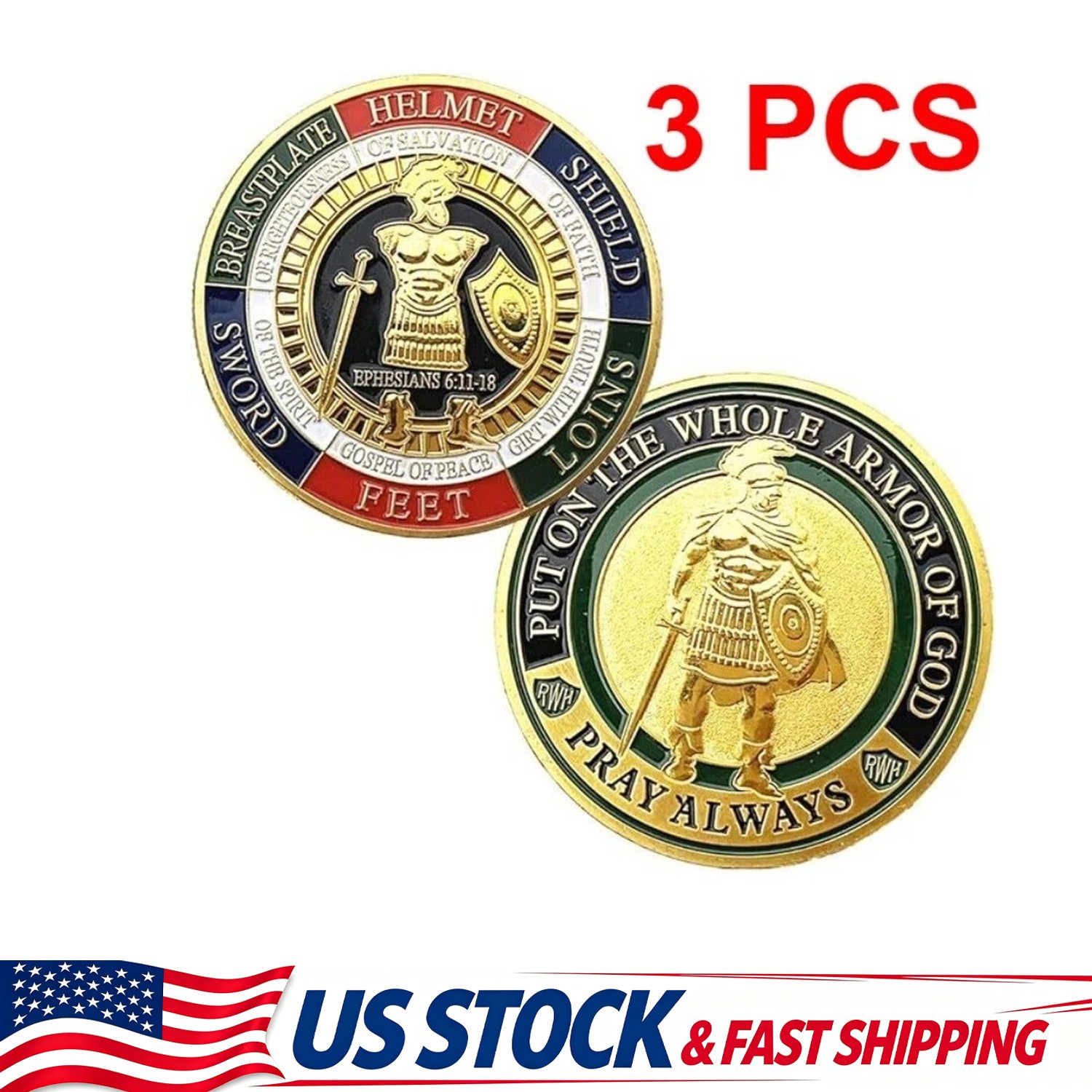 3Pcs Put on The Whole Armor of God Commemorative Challenge Coin Collection Gift