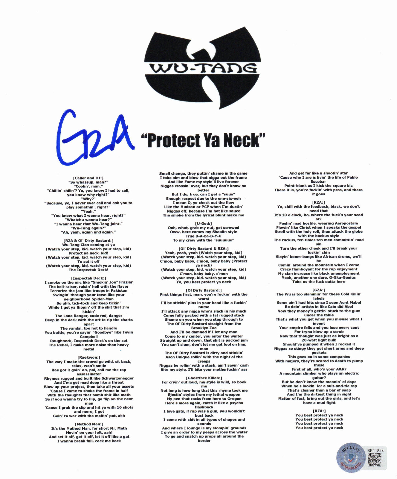 GZA SIGNED AUTOGRAPH WU TANG PROTECT YA NECK 8.5 x 11  LYRIC SHEET BAS BECKETT