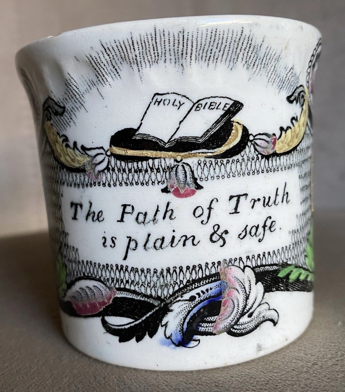 Antique Hand PaintedChild Mug Victorian China Staffordshire Polychrome Christian
