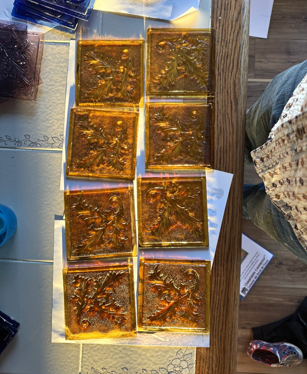 1 Amber/Clear Embossed Floral Square Glass Tiles/Panels Addison Glass