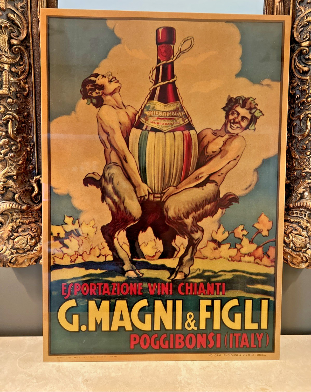 Vintage GUSTAVO MAGNI & FIGLI CHIANTI WINE ADVERTISEMENT on WOOD PANEL Vintage GUSTAVO MAGNI & FIGLI CHIANTI WINE ADVERTISEMENT on WOOD PANEL