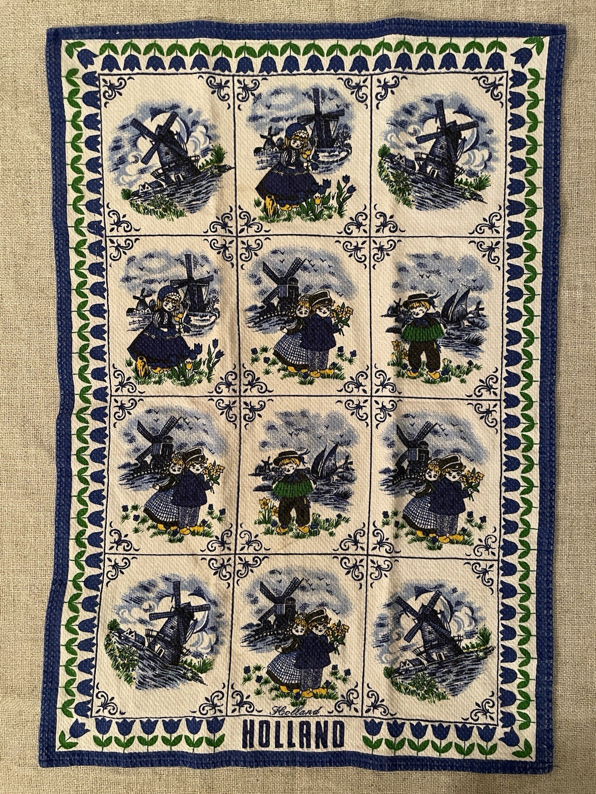 Holland Kemtrade Dutch Boy Girl Windmill Dish Tea Towel 15” x 22” Cotton VTG