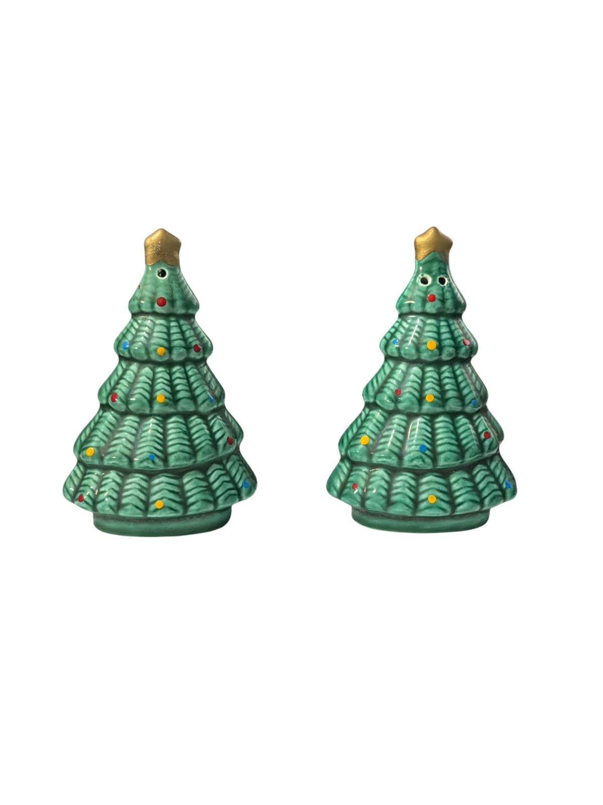 Vintage 1984 Ceramic Christmas Tree Salt & Pepper Shaker Set Made in Korea