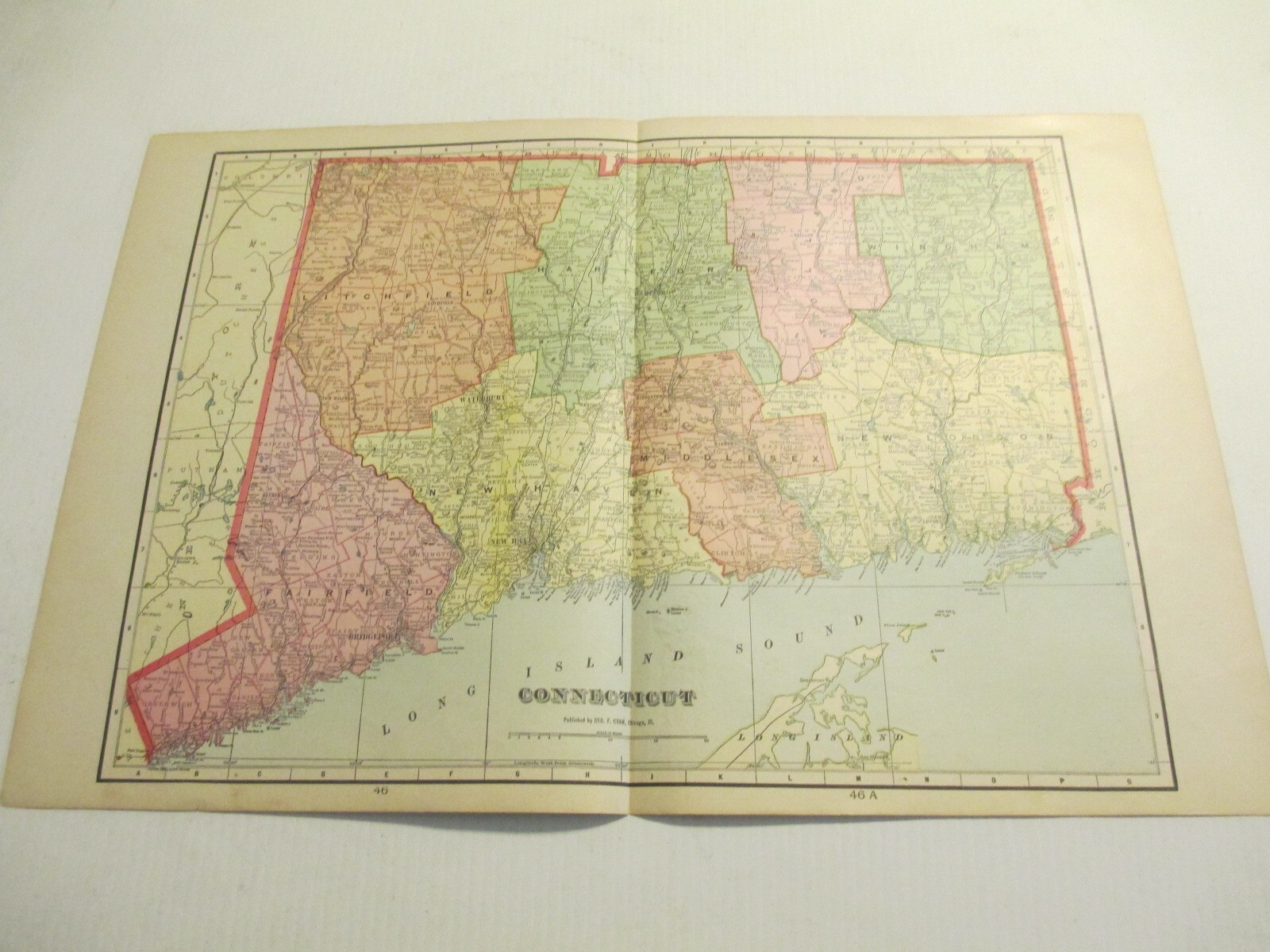 ANTIQUE MAP OF CONNECTICUT CRAM'S ATLAS 1905 23 X 14.5 ANTIQUE MAP OF CONNECTICUT CRAM'S ATLAS 1905 23 X 14.5
