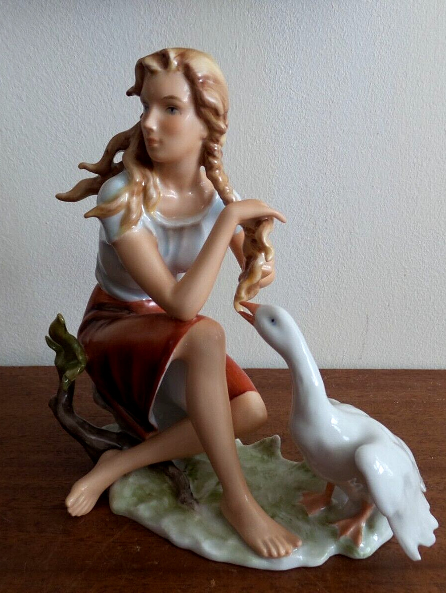 Alka Kunst Hand Painted Porcelain Goose Girl Bochmann 377 Bavaria West Germany