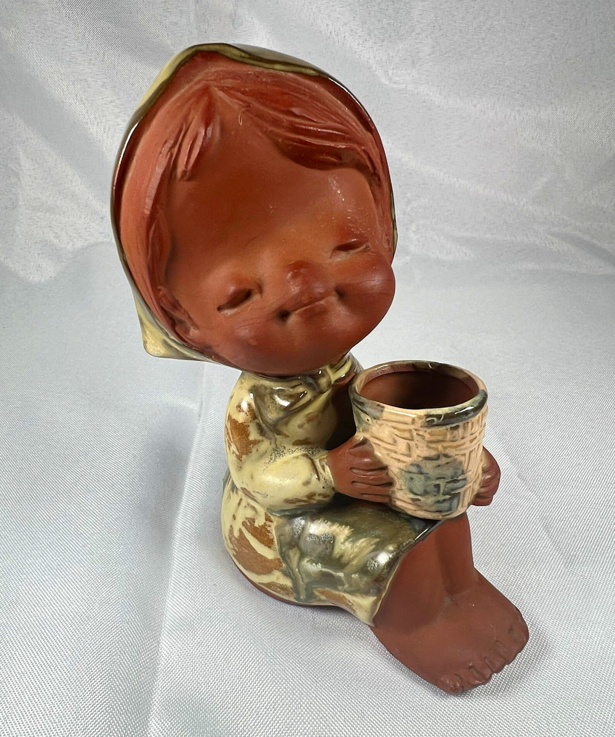 Vintage 1970s Japanese Redware Clay Figurine Candle/Flower Holder Girl