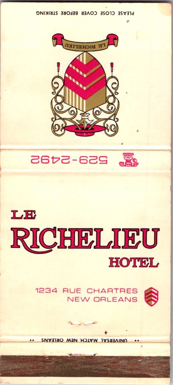 Le Richelieu Hotel 1234 Rue Chartres New Orleans Vintage Matchbook Cover 5M28-3