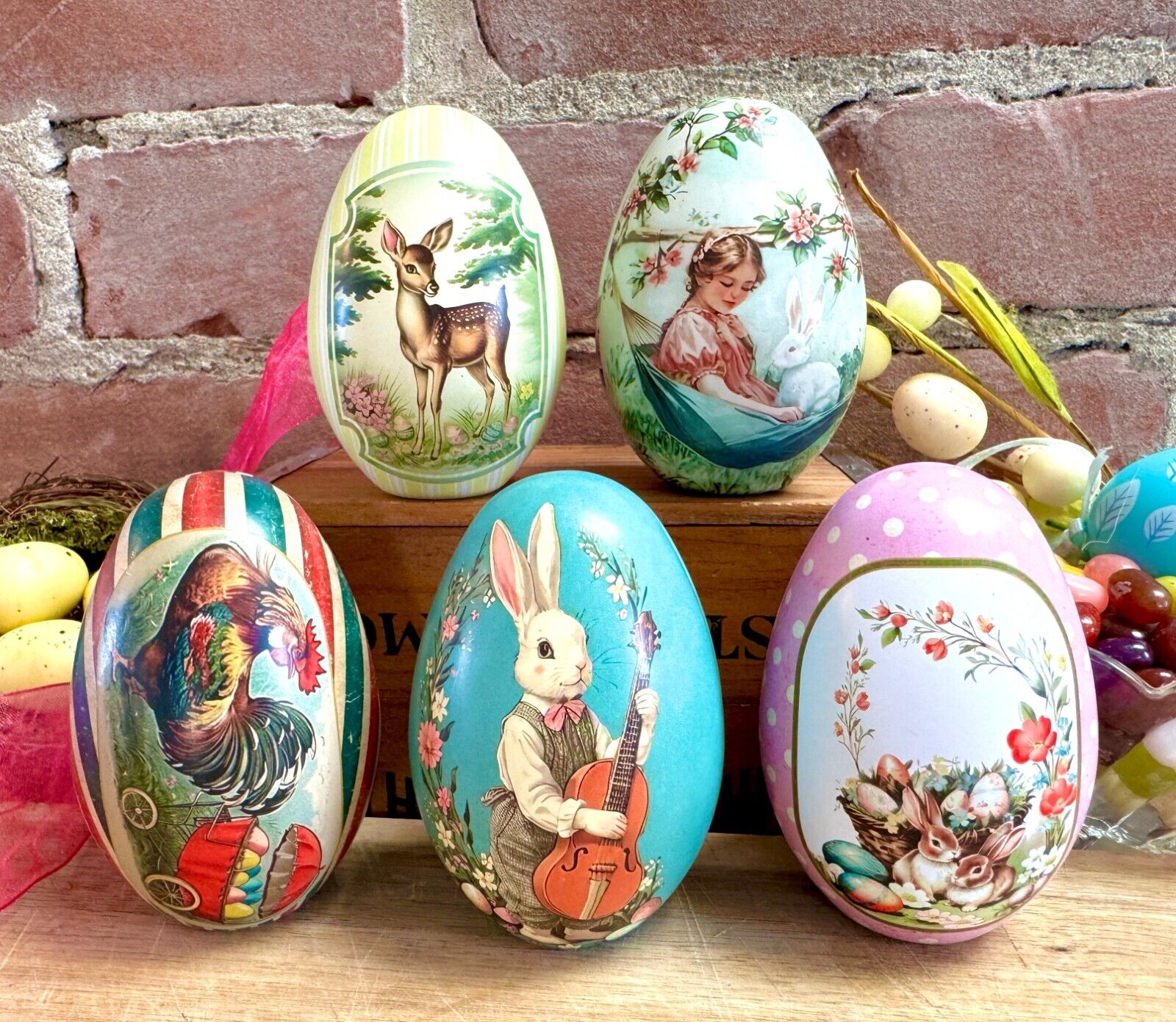 FIVE Easter Egg Tins. 5 Fillable Lithographed Metal Vintage Easter Eggs