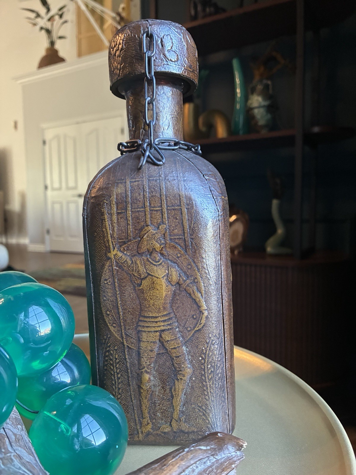 Vintage Spanish Leather Wrapped Decanter Liquor Bottle Hand Tooled Design Vintage Spanish Leather Wrapped Decanter Liquor Bottle Hand Tooled Design
