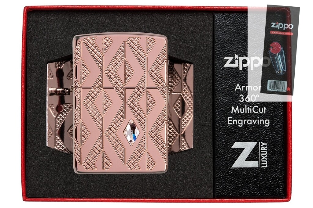 Zippo 49702 Geometric Diamond Pattern Armor Rose Gold Lighter + FLINT PACK