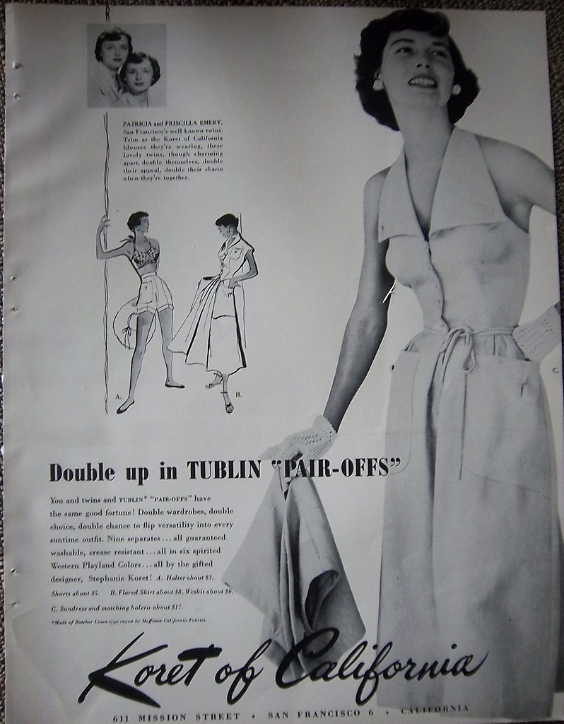1950 Vintage Women's KORET OF CALIFORNIA Fashion Emery Twins Photo Ad