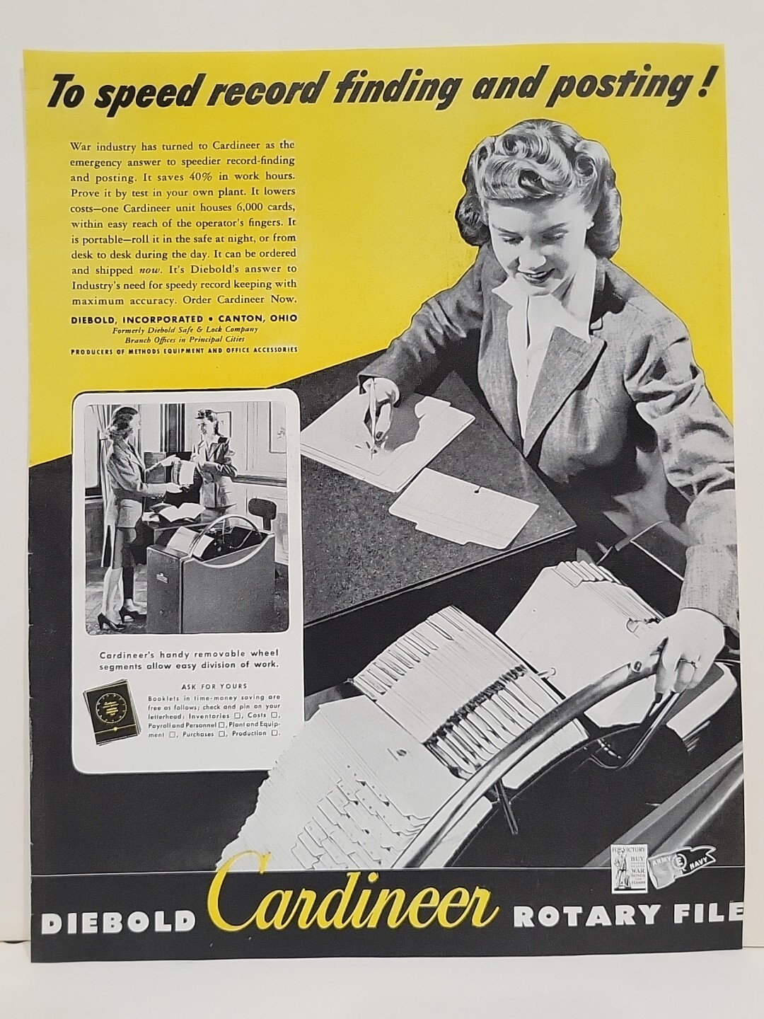 1943 Diebold Cardineer Rotary File Fortune WW2 Print Ad Q3 Secretary Wheel 1943 Diebold Cardineer Rotary File Fortune WW2 Print Ad Q3 Secretary Wheel